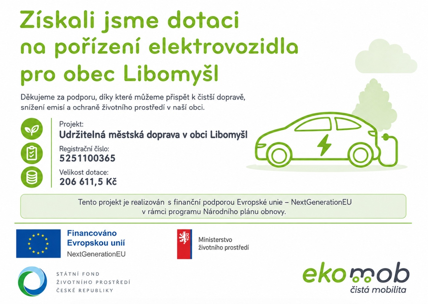 Obec Libomyšl získala finanční podporu na realizaci projektu „Udržitelná městská doprava v obci Libomyšl“, registrační číslo 5251100365.